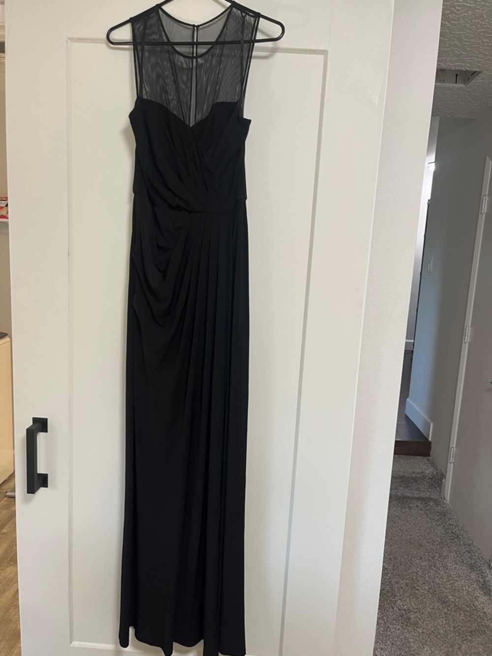 Vera Wang Black Mesh Yoke Draped Formal Gown